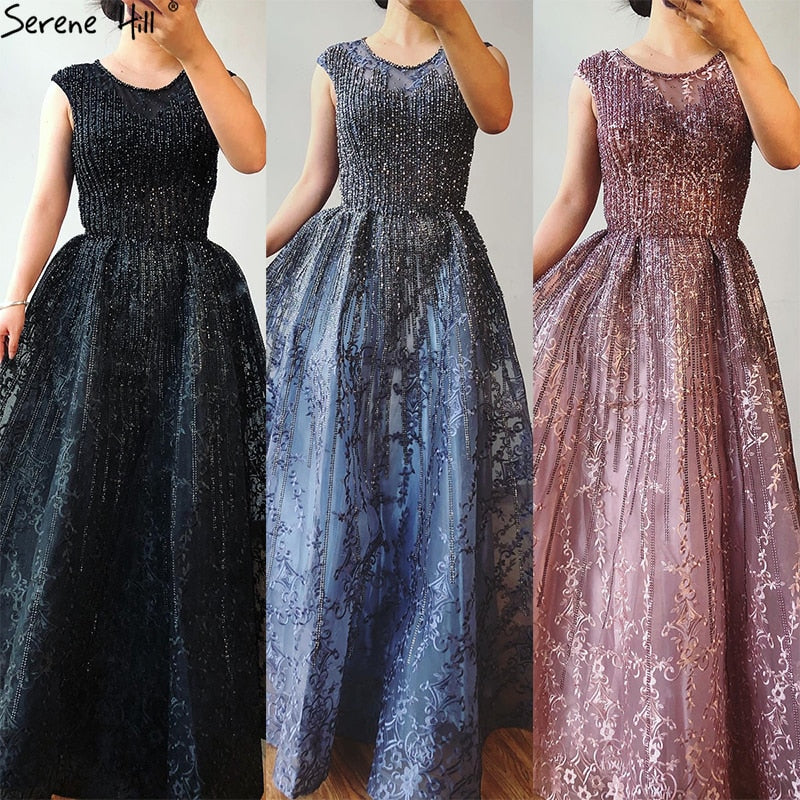 Vestido de noche azul de Dubái, corte A, lujoso, con cuentas, escote redondo y cristales, sexy, formal, largo, LA70552 