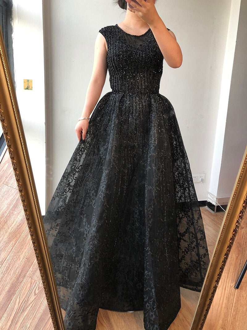 Vestido de noche azul de Dubái, corte A, lujoso, con cuentas, escote redondo y cristales, sexy, formal, largo, LA70552 