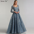 Vestidos de noche de lujo con encaje musulmán azul de Dubái y cuentas, 2025, vestidos de noche largos de talla grande, vestidos de noche LA60899 para mujer 