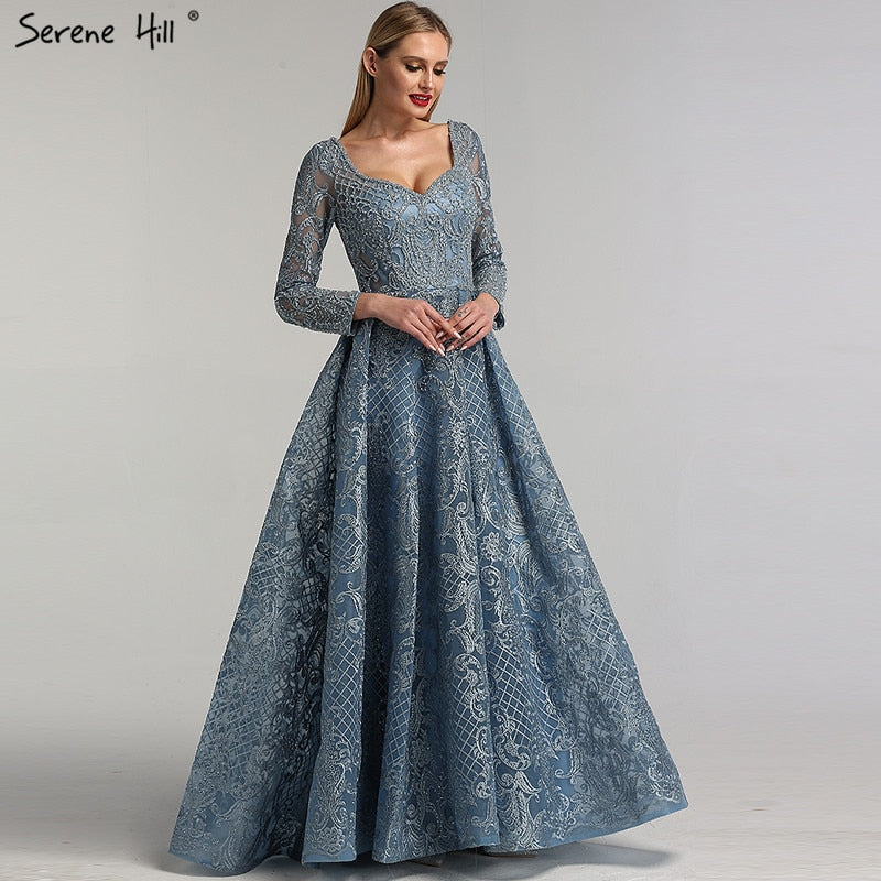 Vestidos de noche de lujo con encaje musulmán azul de Dubái y cuentas, 2025, vestidos de noche largos de talla grande, vestidos de noche LA60899 para mujer 