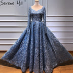 Vestidos de noche de lujo con encaje musulmán azul de Dubái y cuentas, 2025, vestidos de noche largos de talla grande, vestidos de noche LA60899 para mujer 