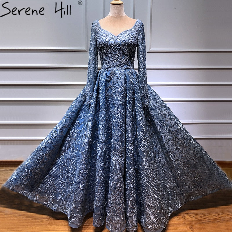 Vestidos de noche de lujo con encaje musulmán azul de Dubái y cuentas, 2025, vestidos de noche largos de talla grande, vestidos de noche LA60899 para mujer 