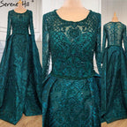 Vestidos de noche de lujo con encaje musulmán azul de Dubái y cuentas, 2025, vestidos de noche largos de talla grande, vestidos de noche LA60899 para mujer 