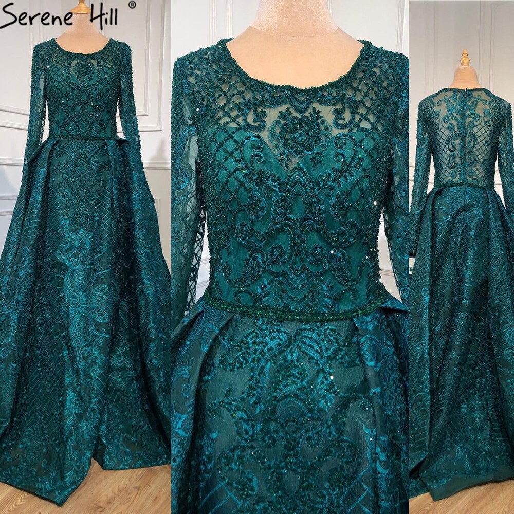 Vestidos de noche de lujo con encaje musulmán azul de Dubái y cuentas, 2025, vestidos de noche largos de talla grande, vestidos de noche LA60899 para mujer 