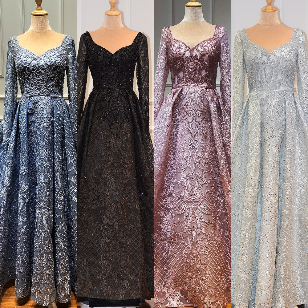 Vestidos de noche de lujo con encaje musulmán azul de Dubái y cuentas, 2025, vestidos de noche largos de talla grande, vestidos de noche LA60899 para mujer 