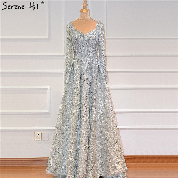 Vestidos de noche de lujo con encaje musulmán azul de Dubái y cuentas, 2025, vestidos de noche largos de talla grande, vestidos de noche LA60899 para mujer 