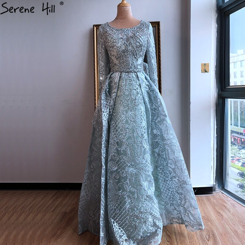 Vestidos de noche de lujo con encaje musulmán azul de Dubái y cuentas, 2025, vestidos de noche largos de talla grande, vestidos de noche LA60899 para mujer 