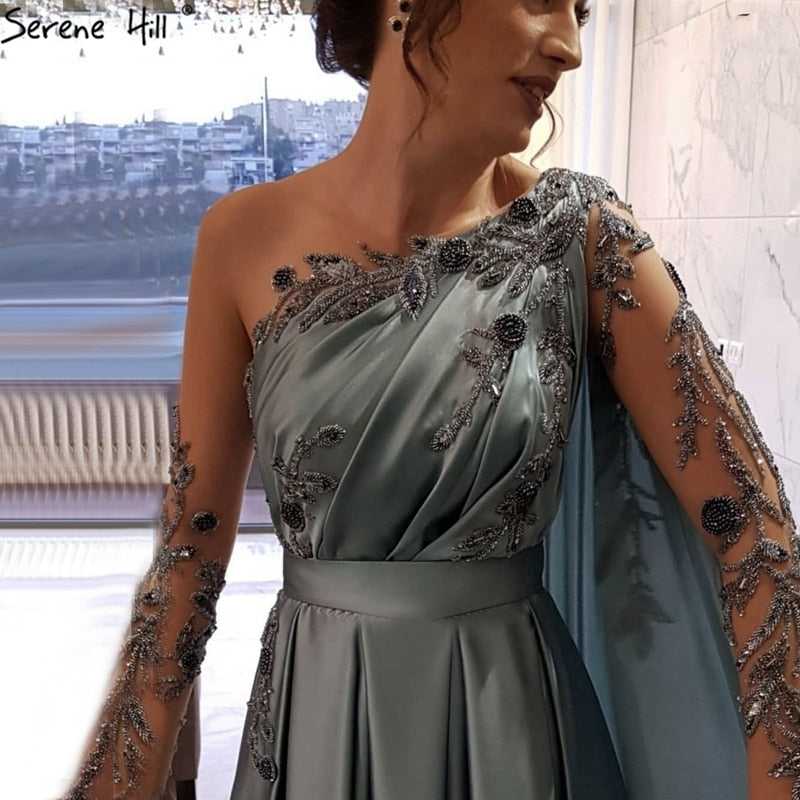 Vestido de noche azul de Dubái con escote redondo y cuentas, diseño sexy, corte A, satén, mangas largas, vestido formal LA70505 