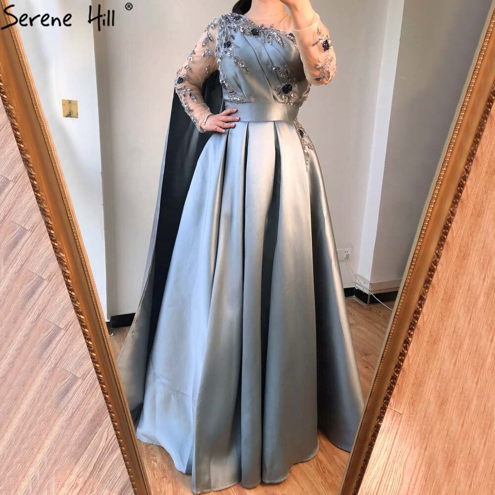 Vestido de noche azul de Dubái con escote redondo y cuentas, diseño sexy, corte A, satén, mangas largas, vestido formal LA70505 