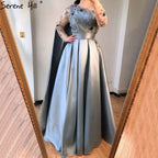 Vestido de noche azul de Dubái con escote redondo y cuentas, diseño sexy, corte A, satén, mangas largas, vestido formal LA70505 