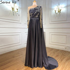 Vestido de noche azul de Dubái con escote redondo y cuentas, diseño sexy, corte A, satén, mangas largas, vestido formal LA70505 