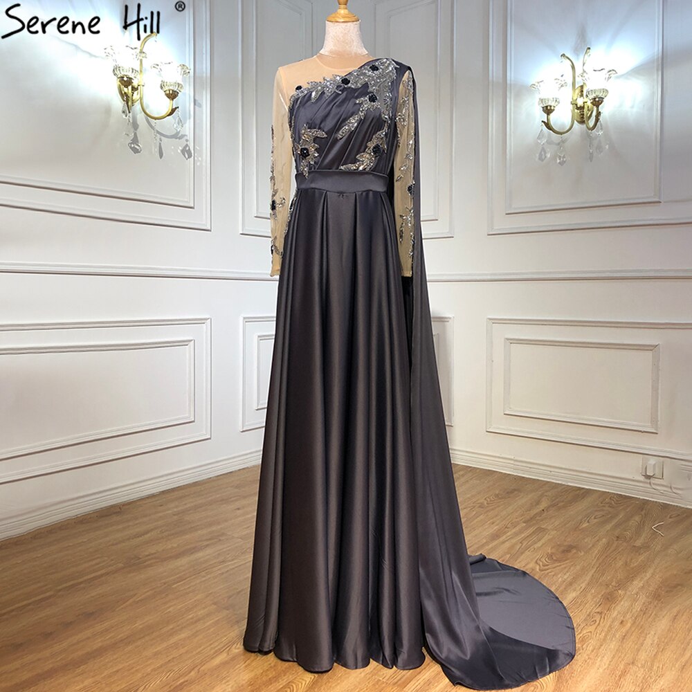 Vestido de noche azul de Dubái con escote redondo y cuentas, diseño sexy, corte A, satén, mangas largas, vestido formal LA70505 