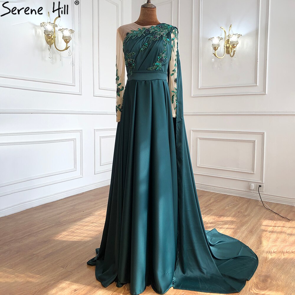 Vestido de noche azul de Dubái con escote redondo y cuentas, diseño sexy, corte A, satén, mangas largas, vestido formal LA70505 