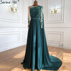 Vestido de noche azul de Dubái con escote redondo y cuentas, diseño sexy, corte A, satén, mangas largas, vestido formal LA70505 