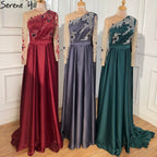 Vestido de noche azul de Dubái con escote redondo y cuentas, diseño sexy, corte A, satén, mangas largas, vestido formal LA70505 