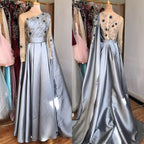 Vestido de noche azul de Dubái con escote redondo y cuentas, diseño sexy, corte A, satén, mangas largas, vestido formal LA70505 