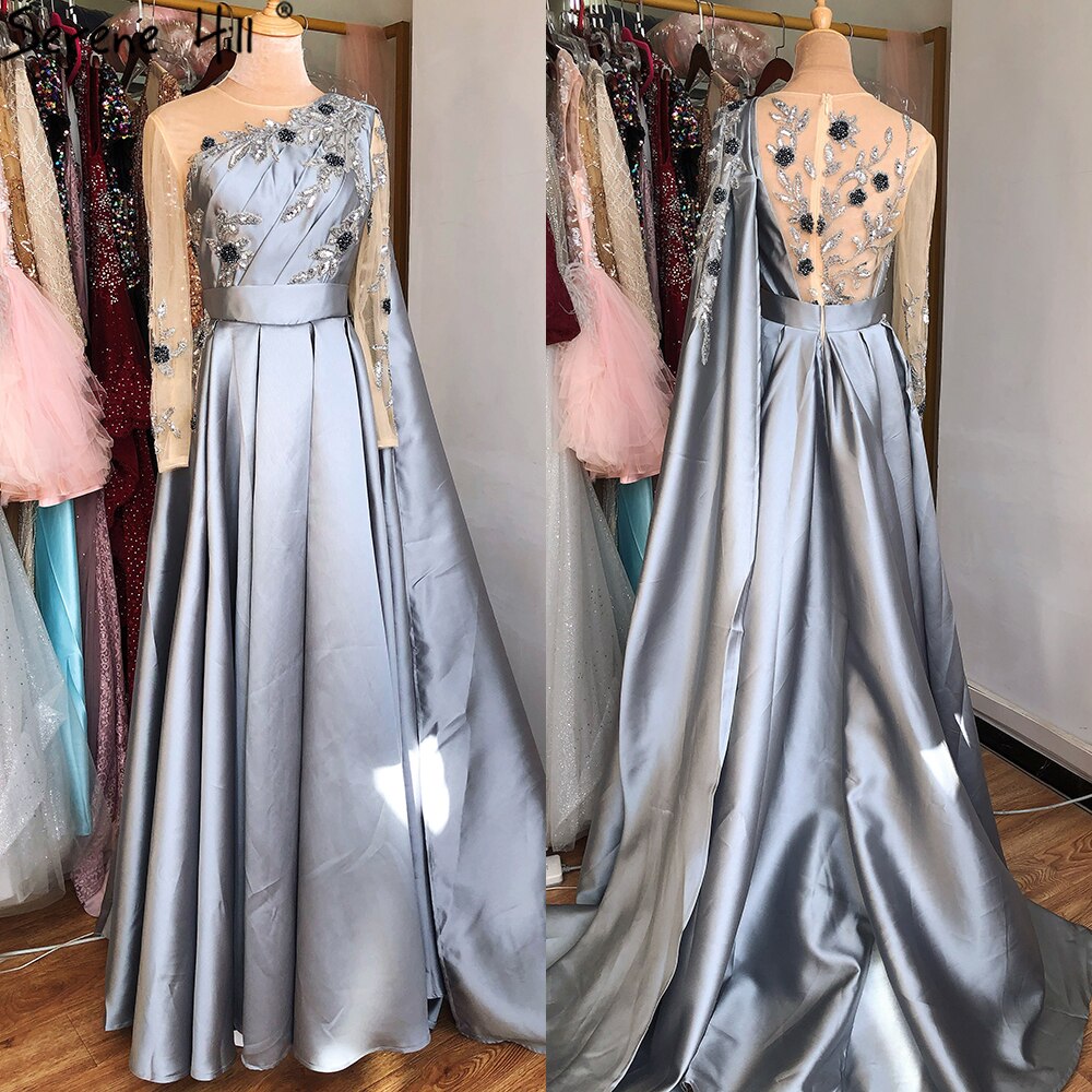 Vestido de noche azul de Dubái con escote redondo y cuentas, diseño sexy, corte A, satén, mangas largas, vestido formal LA70505 