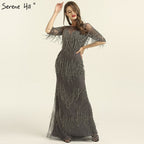 Im Angebot, keine Rückgabe, keine RückerstattungSale Dubai Champagne Langarm Sexy Abendkleider 2025 Perlen Quaste Elegante Meerjungfrau Formale Kleid LA6559