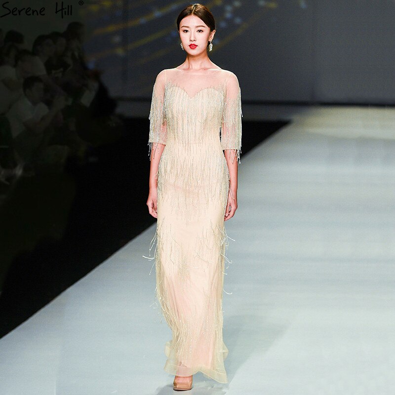 En oferta sin devolución sin reembolsoVenta Dubai Champagne Langarm Sexy Abendkleider 2025 Perlen Quaste Elegante Meerjungfrau Formale Kleid LA6559
