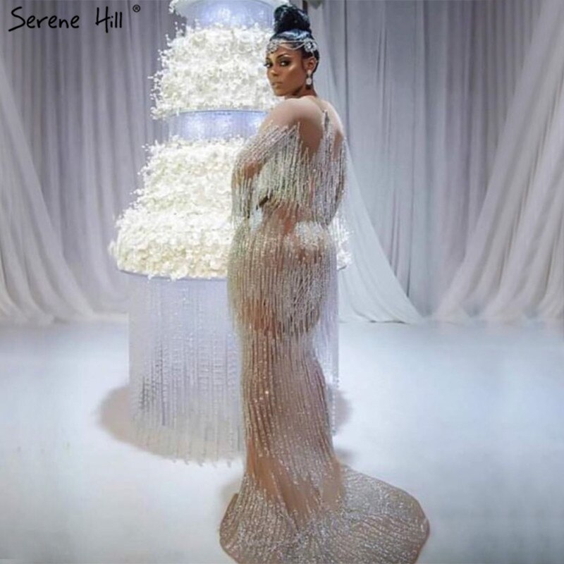 Im Angebot, keine Rückgabe, keine RückerstattungSale Dubai Champagne Langarm Sexy Abendkleider 2025 Perlen Quaste Elegante Meerjungfrau Formale Kleid LA6559