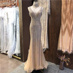 Vestidos de noche elegantes con escote en V, sin mangas y con perlas de champán y diamantes de Dubái, LA70055 