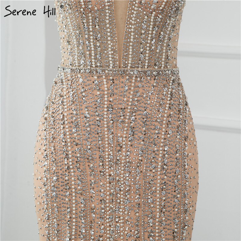Vestidos de noche elegantes con escote en V, sin mangas y con perlas de champán y diamantes de Dubái, LA70055 