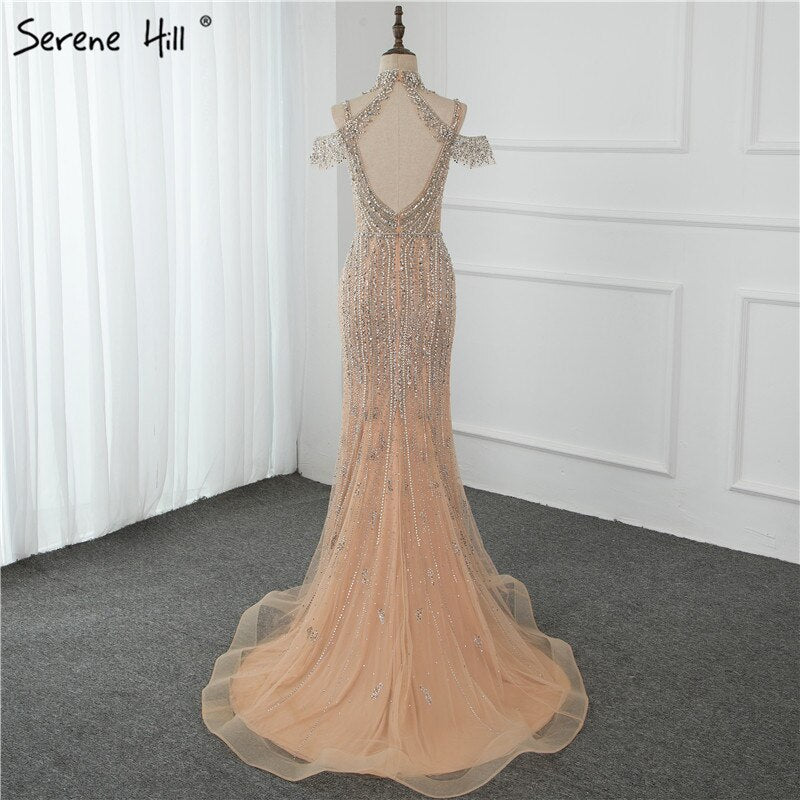 Vestidos de noche elegantes con escote en V, sin mangas y con perlas de champán y diamantes de Dubái, LA70055 