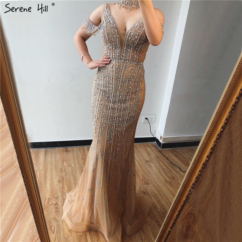 Vestidos de noche elegantes con escote en V, sin mangas y con perlas de champán y diamantes de Dubái, LA70055 