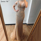 Vestidos de noche elegantes con escote en V, sin mangas y con perlas de champán y diamantes de Dubái, LA70055 
