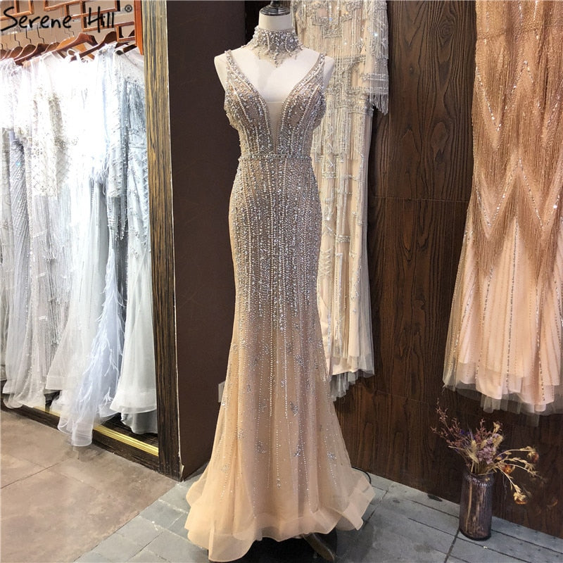 Vestidos de noche elegantes con escote en V, sin mangas y con perlas de champán y diamantes de Dubái, LA70055 