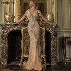 Vestidos de noche elegantes con escote en V, sin mangas y con perlas de champán y diamantes de Dubái, LA70055 