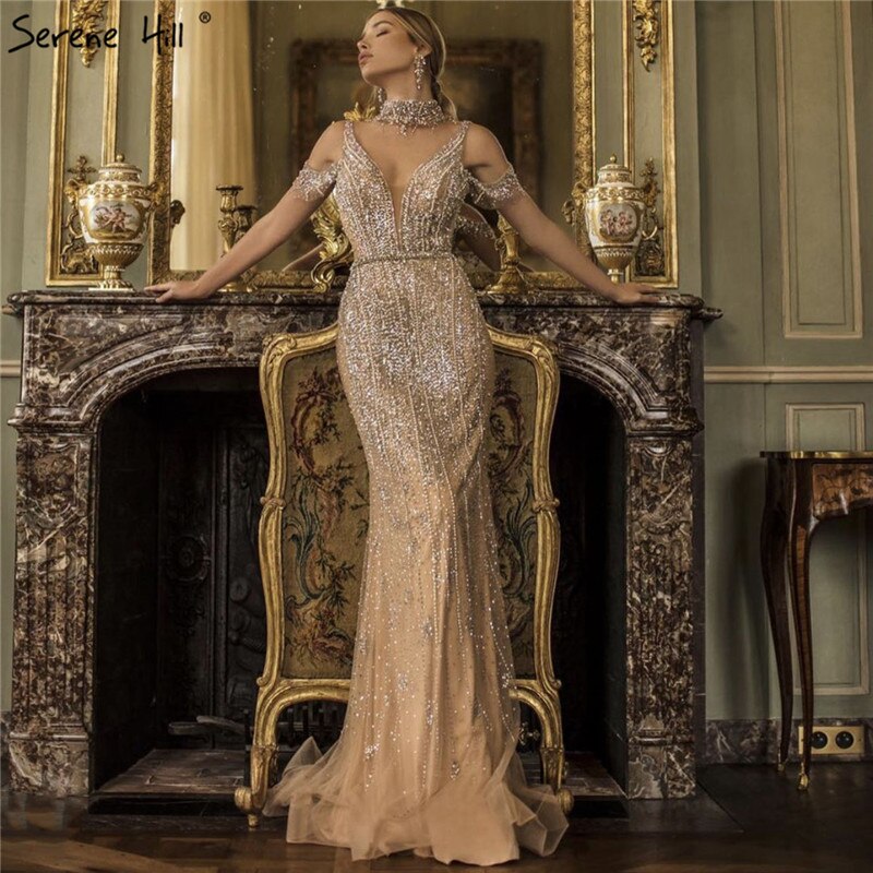 Vestidos de noche elegantes con escote en V, sin mangas y con perlas de champán y diamantes de Dubái, LA70055 