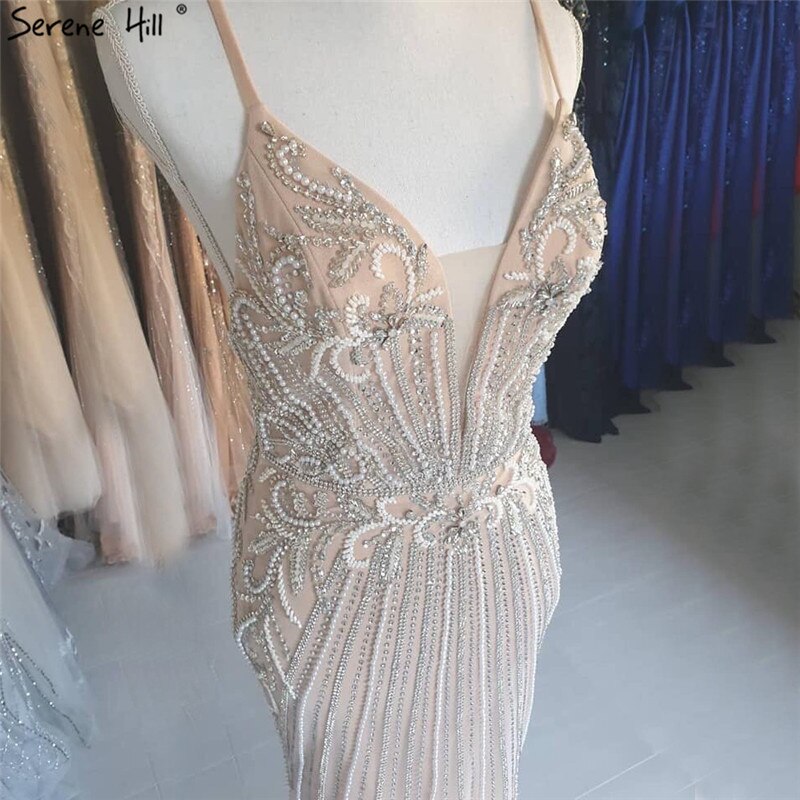 Vestido de noche sexy de sirena, sin mangas, color champán, estilo Dubái, 2025, con lentejuelas y cuentas, vestido formal sin espalda LA70400 