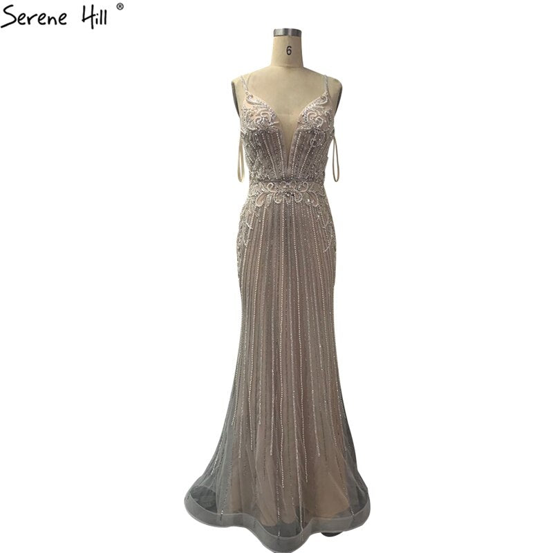 Vestido de noche sexy de sirena, sin mangas, color champán, estilo Dubái, 2025, con lentejuelas y cuentas, vestido formal sin espalda LA70400 