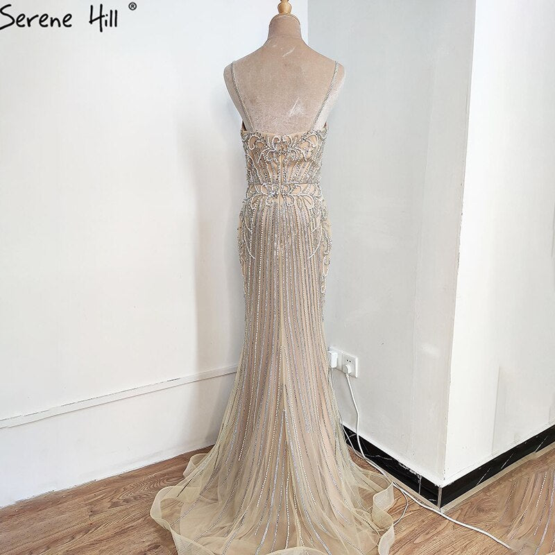 Vestido de noche sexy de sirena, sin mangas, color champán, estilo Dubái, 2025, con lentejuelas y cuentas, vestido formal sin espalda LA70400 