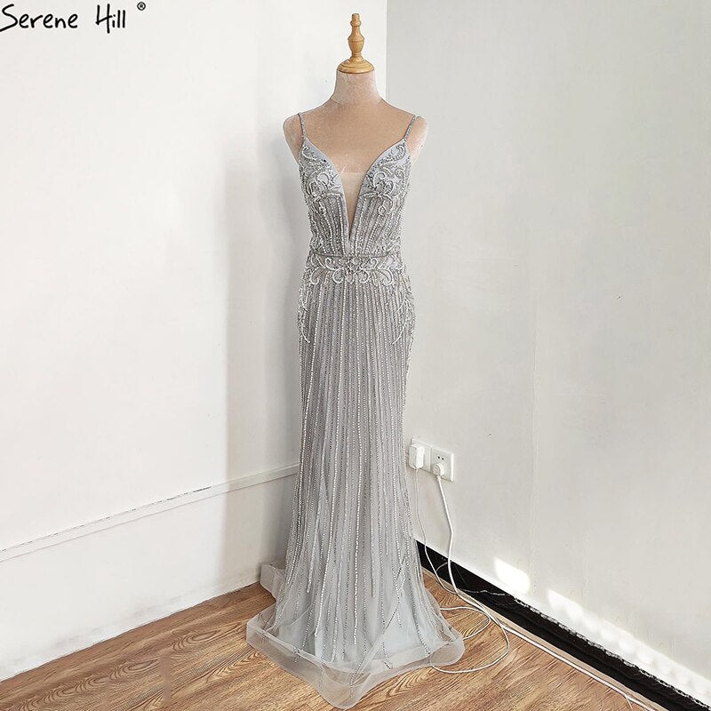 Vestido de noche sexy de sirena, sin mangas, color champán, estilo Dubái, 2025, con lentejuelas y cuentas, vestido formal sin espalda LA70400 