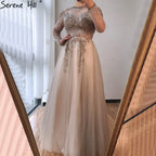 Im Angebot, keine Rückgabe, keine Rückerstattung. Verkauf Dubai Champange A-Linie Sexy Abendkleider Lange Ärmel Perlenbesetzt Diamant Funkeln Formelles Kleid 2025 LA70647 