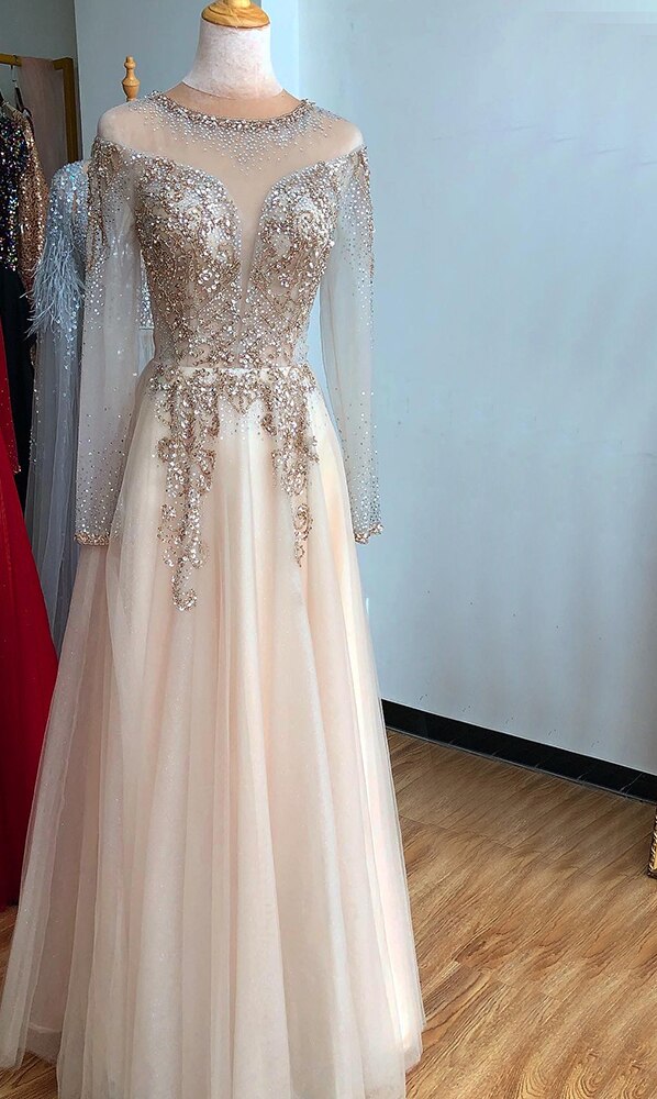 En oferta, sin devolución ni reembolso. Vestido de noche sexy de corte A con escote en V y mangas largas, con cuentas y brillantes diamantes, estilo Dubai Champán, LA70647. 