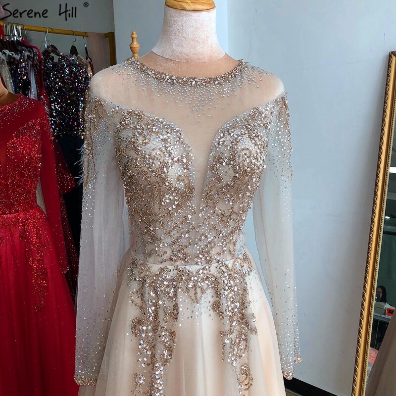 Im Angebot, keine Rückgabe, keine Rückerstattung. Verkauf Dubai Champange A-Linie Sexy Abendkleider Lange Ärmel Perlenbesetzt Diamant Funkeln Formelles Kleid 2025 LA70647 