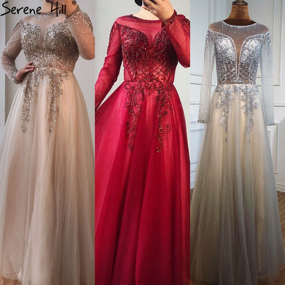 Im Angebot, keine Rückgabe, keine Rückerstattung. Verkauf Dubai Champange A-Linie Sexy Abendkleider Lange Ärmel Perlenbesetzt Diamant Funkeln Formelles Kleid 2025 LA70647 