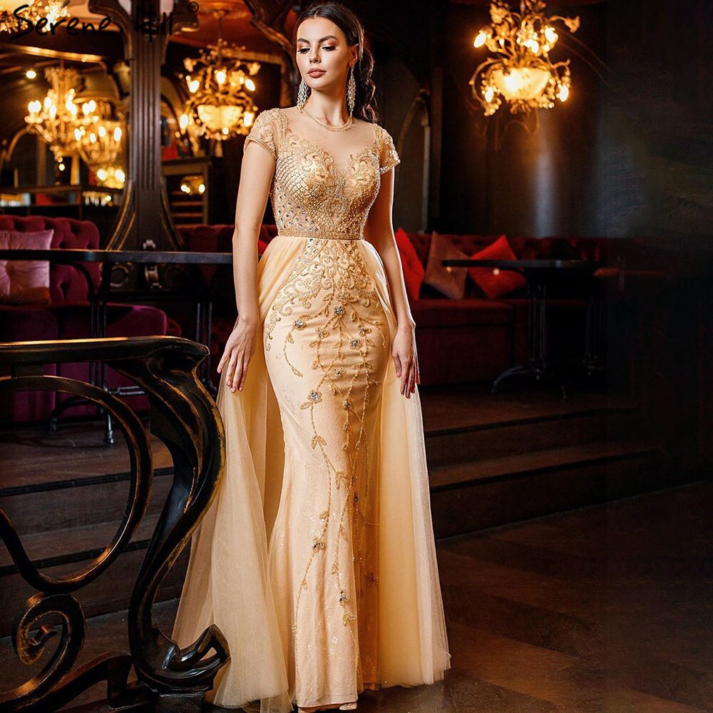 Vestidos de noche de manga corta con cristales de Dubái, diseño 2025, vestido formal sexy de sirena de lujo LA60960 