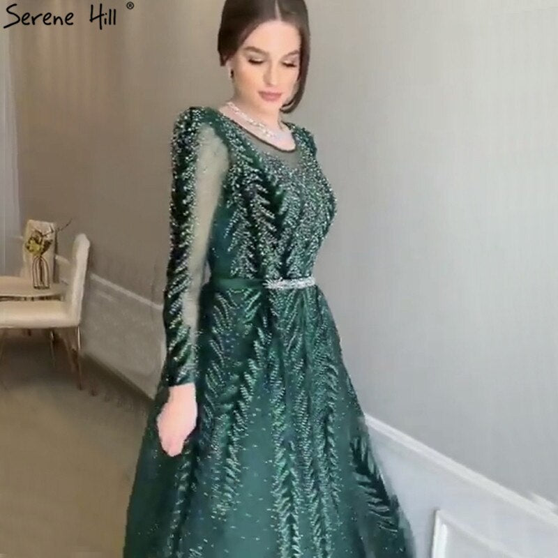 Vestido de noche verde de manga larga con diseño de Dubái 2025, escote redondo, lentejuelas y cuentas, corte A, vestido formal LA70040 