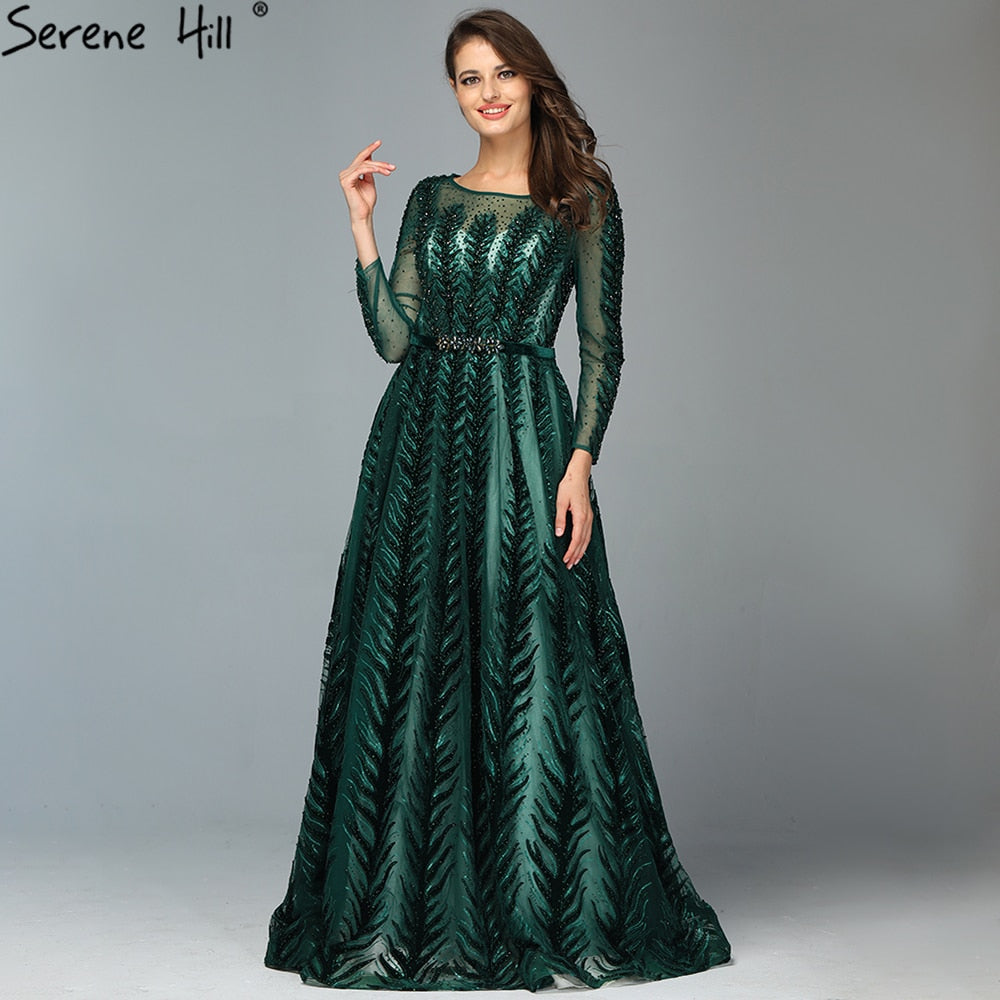 Vestido de noche verde de manga larga con diseño de Dubái 2025, escote redondo, lentejuelas y cuentas, corte A, vestido formal LA70040 