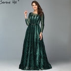 Vestido de noche verde de manga larga con diseño de Dubái 2025, escote redondo, lentejuelas y cuentas, corte A, vestido formal LA70040 