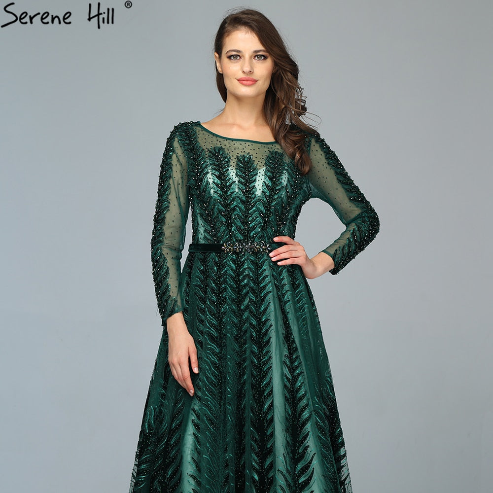 Vestido de noche verde de manga larga con diseño de Dubái 2025, escote redondo, lentejuelas y cuentas, corte A, vestido formal LA70040 