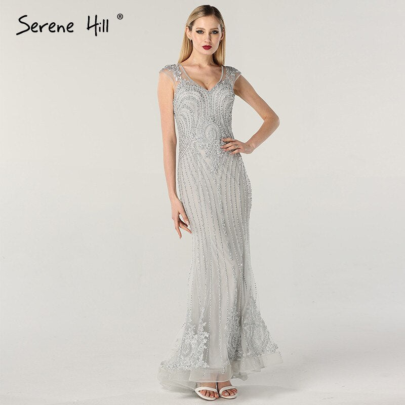 En oferta, sin devolución ni reembolso. Vestidos de noche de lujo con escote en V, diseño de Dubái, grises, con cuentas y perlas, mangas cortas, sexys, 2025 LA60821. 