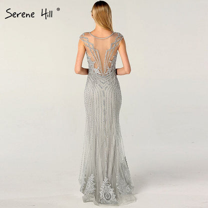 En oferta, sin devolución ni reembolso. Vestidos de noche de lujo con escote en V, diseño de Dubái, grises, con cuentas y perlas, mangas cortas, sexys, 2025 LA60821. 