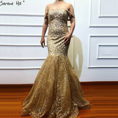 On Sale No Return No Refund  Dubai Design Luxury Gold Glitter Evening Dresses 2025 Boat Neck Sleeveless Sexy Evening Gowns Real Photo LA60701