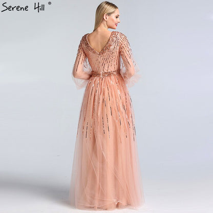 En oferta, sin devolución ni reembolso. Diseño de Dubái, vestido de noche rosa con escote en V 2025, mangas largas con lentejuelas, vestido formal de lujo LA60948 