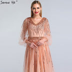 Im Angebot Keine Rückgabe Keine Rückerstattung Verkauf Dubai Design Rosa V-Ausschnitt 2025 Abendkleider Pailletten Lange Ärmel Luxus Abendkleid LA60948 